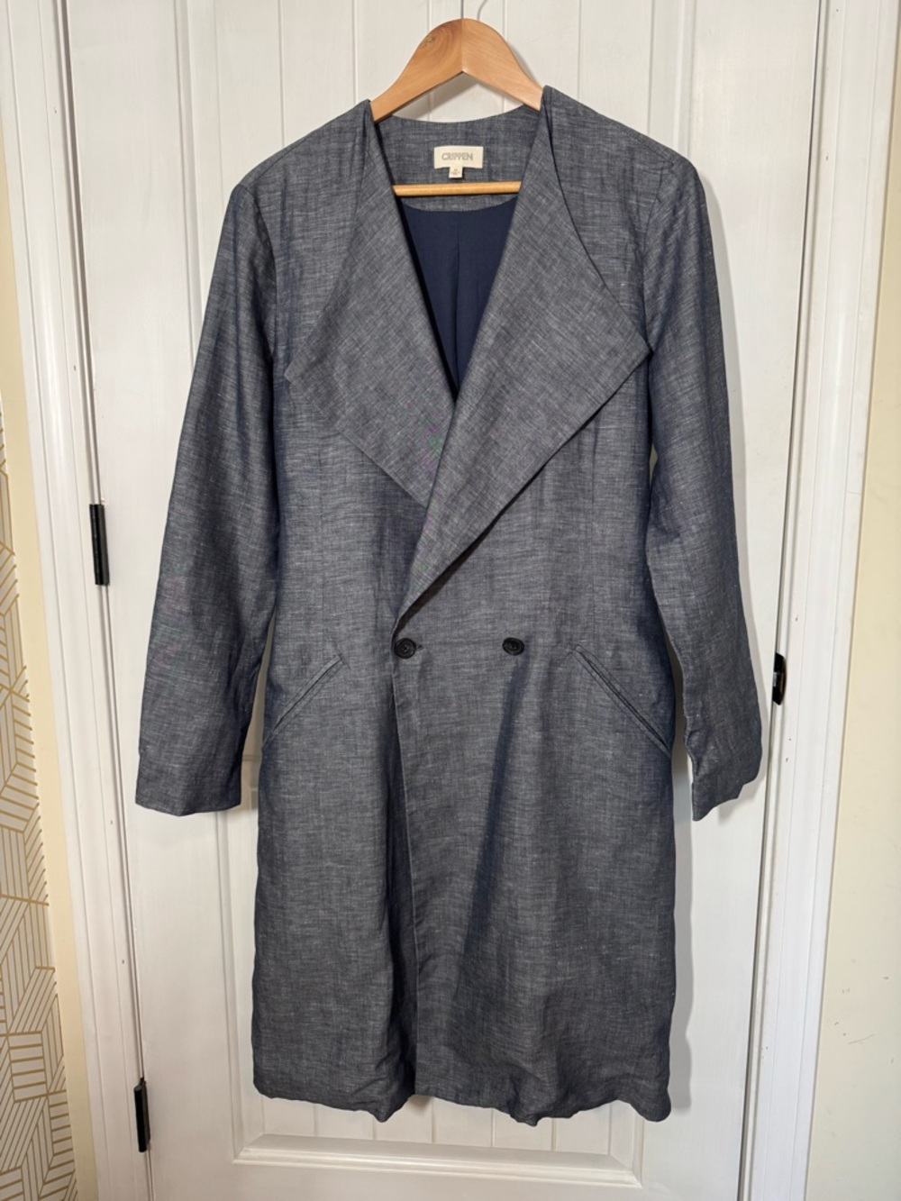 Crippen Lightweight Long Double-Breasted Trench Coat Linen Cotton Blend